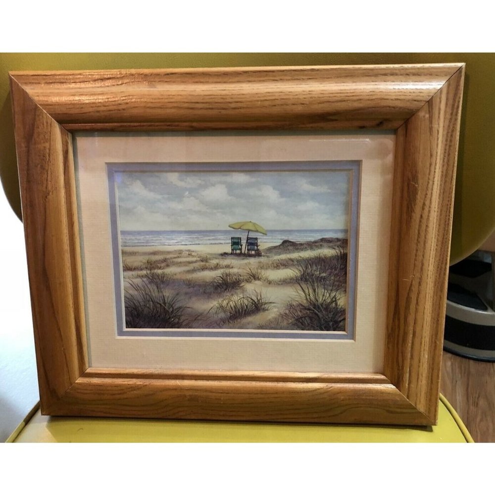 Framed beach print beach chairs sand wide wood frame 11 x 13
